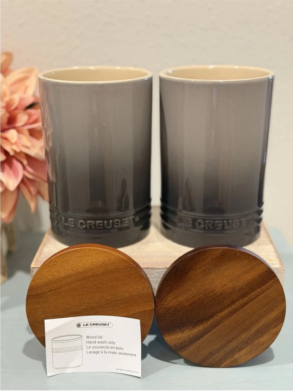 Le Creuset FLINT Stoneware Signature Storage Canister Wood Lid 26oz / 770ml Set